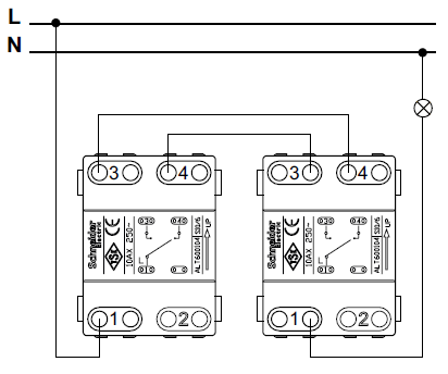 Подключение проходного одноклавишного выключателя  переключателя Шнайдер Асфора схема6 